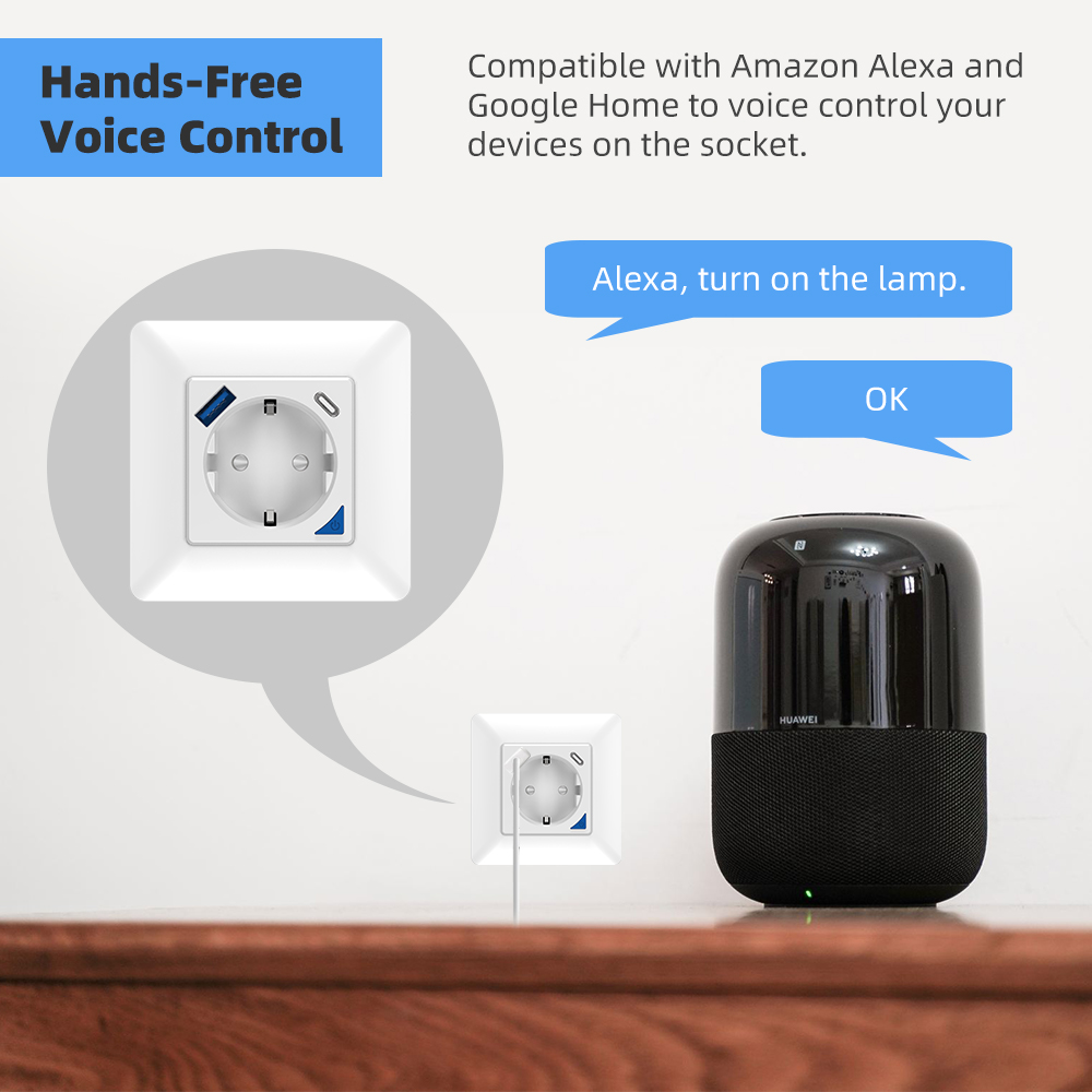 RSH WIFI Wireless Smart Electric 16A Outlet Socket Tuya 20W with USB Type C Wifi smart EU inwall wall socket plug