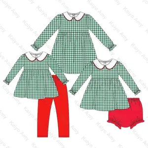 children's clothing girls legging set woven green plaid sister dresses for kids baby girls bloomer set