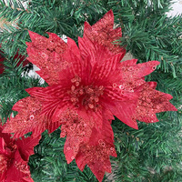 Grandes fleurs de Noël en tissu, artificielles, décoratives pour la maison, rouge et or pailleté