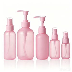Pink Boston HDPE Plastic Cosmetic Bottles with Pump and Spray Nozzles Cylinder Shape PP Material Lotion Dispenser <b>Set</b> - Product Image 1