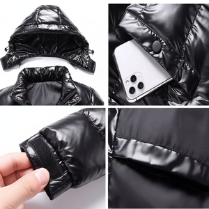 Hombre 2026 personalizado negro brillante con capucha ligero al por mayor burbuja llena acolchado poliéster Logo parche chaqueta acolchada para hombre - Product Image 1