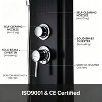 Panneau de douche mural en acier inoxydable 304 avec noyau de valve en céramique noire, raccord sanitaire et jets de massage pour usage hôtelier