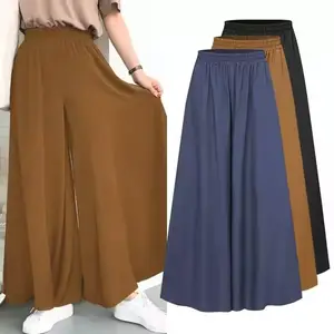 I-0293 femmes été couleur unie pantalon à jambes larges élastique taille haute ample décontracté plage Palazzo pantalon pantalon femmes vêtements