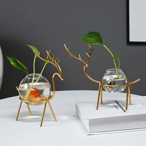 Wholesale Metal Iron Art Hydroponic Home Decoration Flower Plant Fish <b>Clear</b> Glass <b>Vase</b> Tabletop Home Bonsai Decor - Product Image 1
