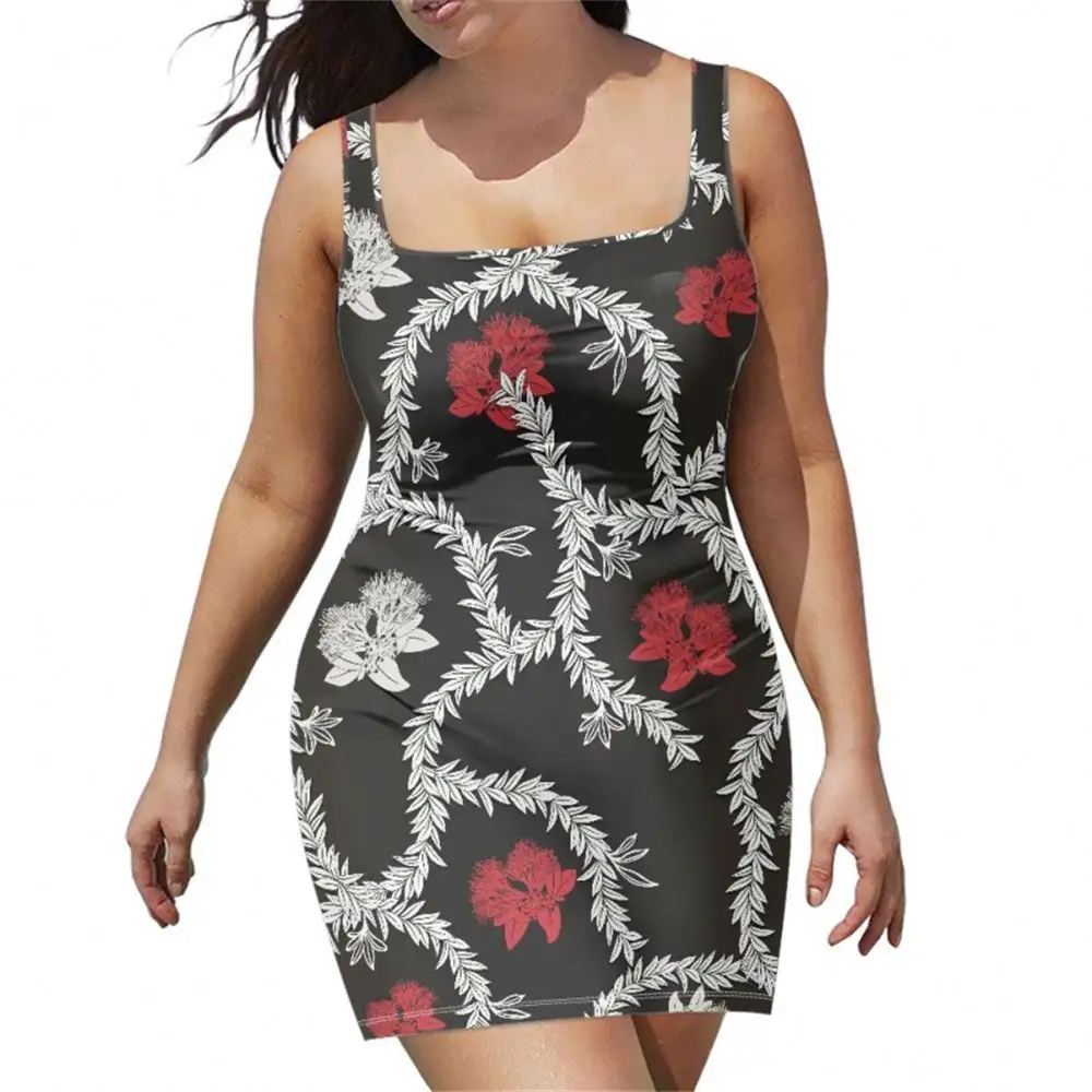 2024 Tropischer Blumendruck Sommer Strand Tanktop Kleid Polynesien hawaiianische Mode Übergröße sexy Slim-Kleid Damen