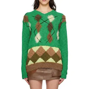 2024 ODM Knitwear Factory Custom Made Cotton Acrylic Blend V Neck Fuzzy Topstitching Green Knit Argyle Sweater For Women
