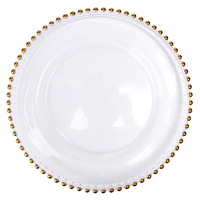 Meilleures ventes d'assiettes de présentation en verre de mariage rondes transparentes de 13 pouces avec bordure en perles dorées pour les événements assiette de verre de mariage ronde de 13 pouces