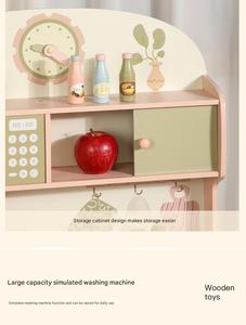 COMMIKI ahşap çocuklar pembe yeşil buzdolabı fırın lavabo çamaşır makinesi pişirme ve sebze yıkama oyuncak ile mutfak seti taklit - Product Image 3