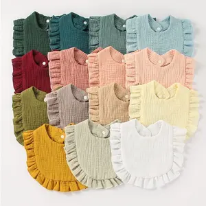 Wholesale plain teething drool dribble towel korea ruffle customized fashion gauze cotton bandana baby muslin bibs