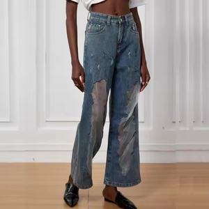 Nuevas llegadas: Jeans de mujer de tiro bajo, de alta calidad, holgados, de pierna ancha, con efecto desgastado y patchwork de organza. - Product Image 2