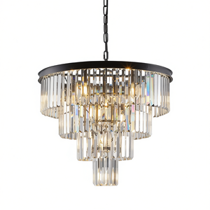 โคมไฟระย้าคริสตัล 4 ชั้น ดีไซน์ทันสมัย สีดำ โครงเหล็ก ขนาด 24 นิ้ว ทรงกลม เหมาะสำหรับห้องรับประทานอาหาร ห้องนั่งเล่น ห้องนอน ใช้หลอดไฟ LED E14 (ไม่รวมหลอดไฟ) - Product Image 1