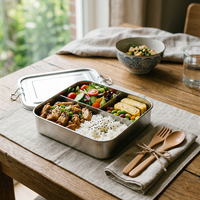 Boîte à lunch bento personnalisée en acier inoxydable 304, 3 compartiments, anti-fuite, sans BPA, avec couvercle en plastique et couverts pour le bureau et l'école