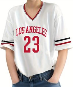 Maillot pour femmes vêtements de sport surdimensionné graphique rayure garniture col en V épaule tombante t-shirts d'été - Product Image 3