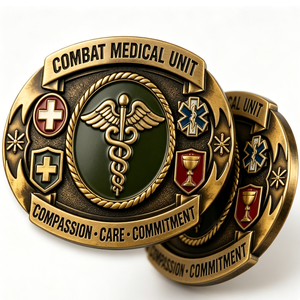 Hebilla de cinturón para unidad médica, emblema de latón chapado en oro, forma irregular, esmalte duro, Compasión, Cuidado, Compromiso - Product Image 5