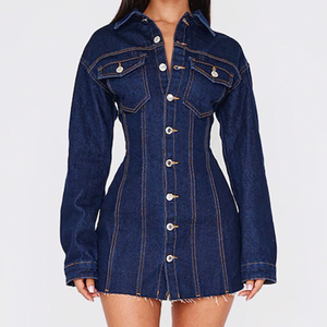 Vestido Mini de Mezclilla Azul Oscuro para Mujer, de Manga Larga, Ajustado, con Dobladillo Deshilachado, de la Fábrica de Moda Wisrise - Product Image 1