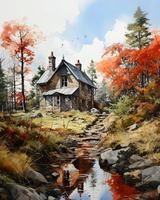 Peinture par numéros en gros pour adultes : Paysage de forêt d'automne avec chalet et ruisseau, toile acrylique DIY pour décoration murale
