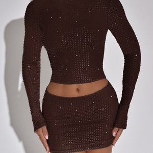 ชุดเซ็ตทูพีซผ้าทอขายส่ง ดีไซน์หรูหรา แฟชั่นลำลอง เสื้อมินิแขนยาวเข้ารูป ประดับเพชร กระโปรงมินิสั้นรัดรูป เซ็กซี่ - Product Image 3