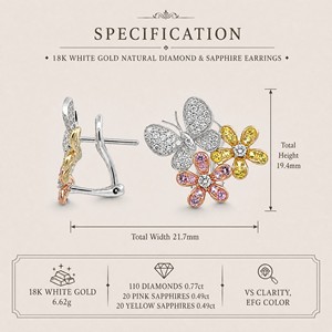 Pendientes de Botón con Diseño de Flor de Mariposa, Oro Blanco de 18K, Gemas Rosas y Amarillas, Diamantes Blancos, Joyería Natural y Linda para Mujer - Product Image 4