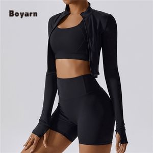 Boyarn, conjunto deportivo personalizado de 3 uds para mujer, Sujetador deportivo elástico sólido, mallas, traje de entrenamiento, chaqueta de Yoga para Fitness, opciones de talla grande - Product Image 2