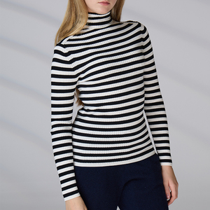 Usine de fabrication de pulls ODM OEM, pull à col roulé en coton 100%, manches longues, rayé, pour femmes et filles - Product Image 6