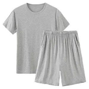 Summer viscose blend short Sleeved Pajamas Home round neck elastic Men's night wear short pants Pajamas Sleepwear suit