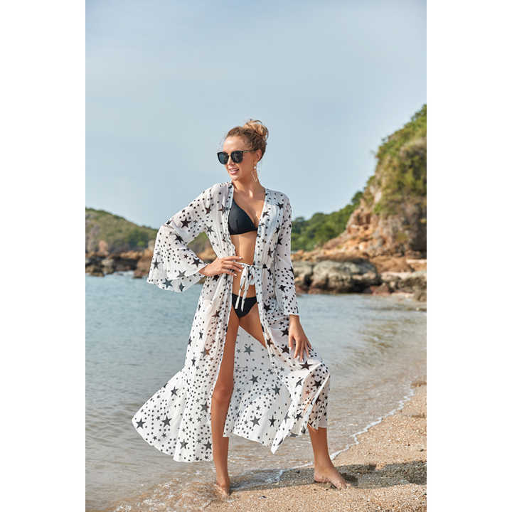 Wholesale New Long White And Black Five Pointed Star Waist Tie Cardigan  Holiday Sexy Dress Cover Up From m.alibaba.com