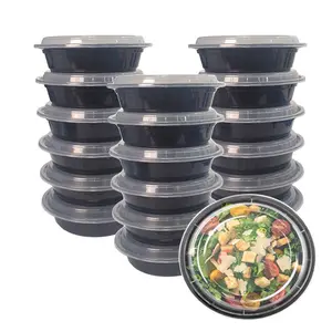 37 Ounce Black Round Reusable Stackable Salad Blow, Disposable Plastic Microwavable Meal Prep Containers with lid