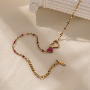 Spring Summer Stainless Steel <b>Bracelet</b> Gold Plated Heart-Shaped Love Pink Beach <b>Beaded</b> Charm <b>Bracelet</b> for Women - Product Image 5