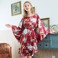 2020 Mùa Hè Phụ Nữ Sexy Ấm Cúng Satin In Hoa Dài Tay Áo Kimono Đám Cưới Cô Dâu Tắm Robe Áo Ngủ Đêm Ăn Mặc