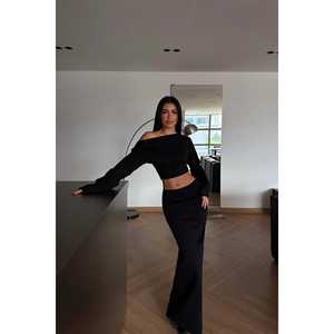 Ensemble 2 pièces noir à manches longues et short en tissu côtelé pour l'hiver, taille XL, haut et jupe, un seul ensemble - Product Image 4