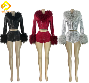 2026 Herbst Damen Modisches Outfit Stretch-Pelz Goldgeprägte Crop-Jacke Passend zu Sexy Shorts 2-teiliges Set Damen Club-Set für Frauen - Product Image 1