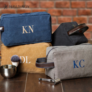 Trousse de toilette en <span class=keywords><strong>toile</strong></span> cirée brodée avec monogramme personnalisé, sac de voyage pour homme en <span class=keywords><strong>toile</strong></span> personnalisée avec poignée en cuir - Product Image 1