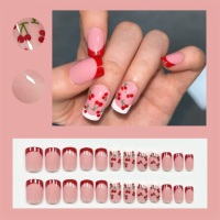 Faux ongles à presser carrés moyens brillants, motif cerise rouge douce, réutilisables avec colle, pour l'été