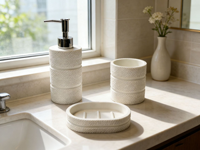 Ensemble d'accessoires de salle de bain en résine blanche à texture tissée, distributeur de savon, gobelet, porte-savon drainant, kit de bain 3 pièces pour la maison, l'hôtel, la salle de bain