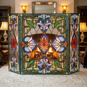 Stained Glass Fireplace <b>Screen</b> 3 <b>Panels</b> Floral Design Traditional <b>Decor</b> Blue Color Rectangle Shape Artistic <b>Decoration</b> 100*70CM - Product Image 1