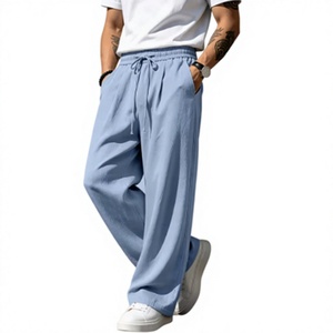 Men's Light Blue Wide Leg Pants <b>Elastic</b> <b>Waist</b> Drawstring Casual Loose Summer Breathable Lightweight <b>Trousers</b> - Product Image 1