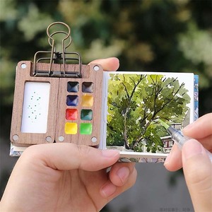LISI Set de voyage en bois pour artistes étudiants Pocket Watercolor Grid Palette Box Sketch Book Brush Pens Binder Clips for Painters - Product Image 4