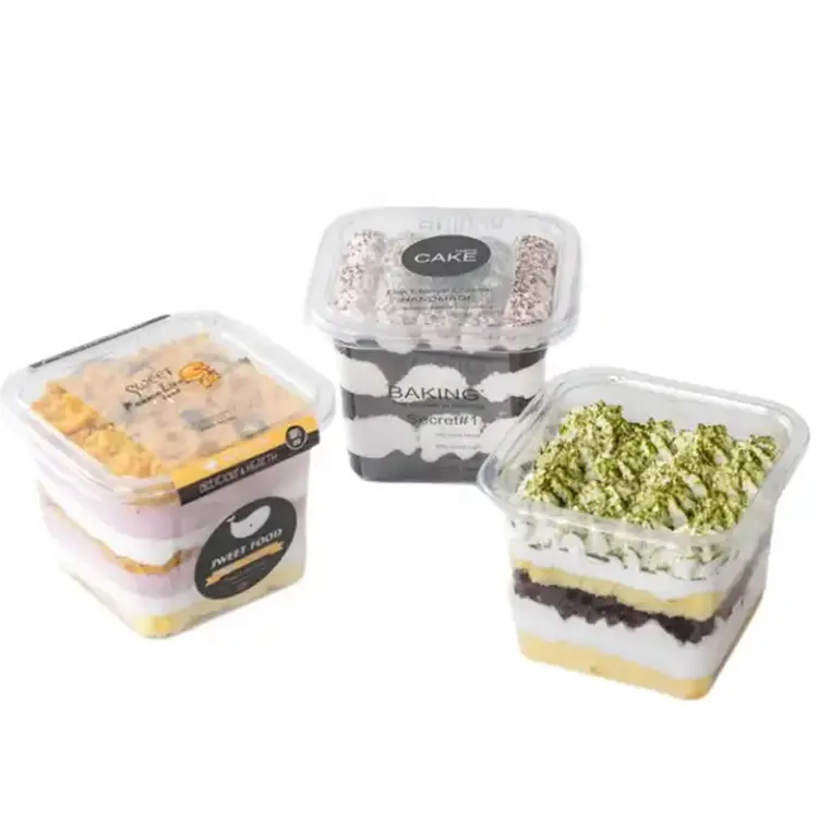 Grosir kotak makanan penutup plastik bening bentuk persegi kualitas baik mewah kotak kue pengiriman makanan sekali pakai