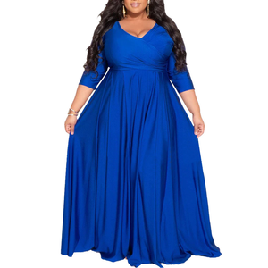 Abito lungo con scollo a V in tinta unita L-4XL taglie forti e lavabile per matrimonio autunnale - Product Image 1