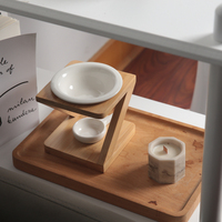 Diffuseur d'huiles essentielles en céramique avec cadre en bambou ajouré floral, support pour bougie chauffe-plat et chauffe-huile d'aromathérapie