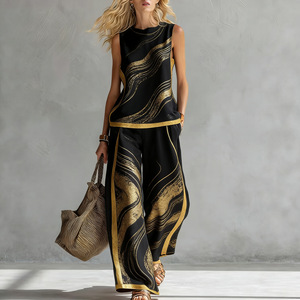 Ensemble deux pièces pour femmes, design de mode personnalisé, beige et marron à pois, haut sans manches et <span class=keywords><strong>pantalon</strong></span> large, tenue décontractée d'été - Product Image 4