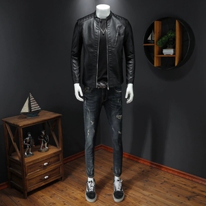 Soldes Exceptionnelles : Blouson en <span class=keywords><strong>Cuir</strong></span> PU pour Homme - Col Montant, Coupe Slim, Style Motard, Tendance Automne, <span class=keywords><strong>Veste</strong></span> Décontractée - Product Image 3