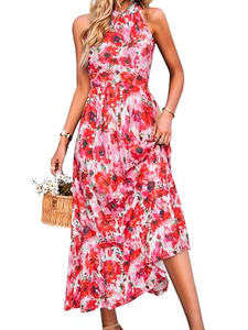 Robe longue florale à col halter sans manches, coupe trapèze, ourlet à volants, imprimée, tenue décontractée d'été - Product Image 2