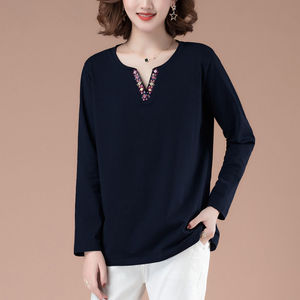 Women's Long Sleeve T-Shirt V-Neck Embroidered Loose Fit Base Layer <b>Top</b> For Middle Aged And Elderly Women Blue Color - Product Image 2