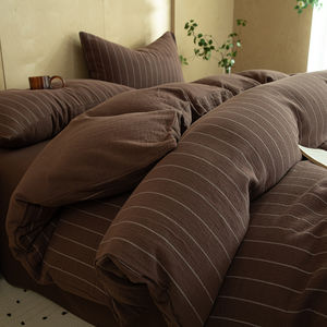 Juego de Ropa de <span class=keywords><strong>Cama</strong></span> Nórdica de Doble Capa de Gasa 100% Algodón, Teñido con Hilo, Rayas, Suave y Transpirable, Juego de 4 Piezas para Hogar y Hotel, Venta al Por Mayor - Product Image 1