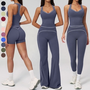 Ensemble de <span class=keywords><strong>sport</strong></span> color block pour femme, respirant, débardeur de yoga sans manches, short de <span class=keywords><strong>sport</strong></span> taille haute, leggings et pantalon évasé pour le fitness - Product Image 5