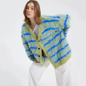 Women Sweater Vintage Stripe Mohair Knitted Cardigan Fashion V Neck Cozy Sweaters Jacket