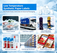 Étiquette autocollante personnalisée 100x100mm en papier synthétique PP de qualité congélation pour l'impression en chaîne du froid, idéale pour l'emballage alimentaire de viande congelée