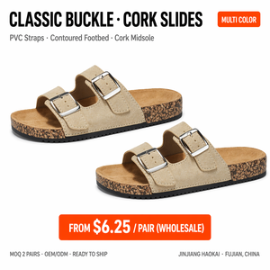 Sandales personnalisées OEM pour femmes, à boucle en PVC, bout ouvert, semelle extérieure en cuir, semelle plate, style Birkenstock, respirantes, mules d'été pour l'extérieur, fabriquées en Chine - Product Image 1