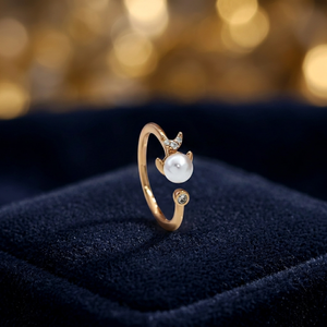 Minimalist Brass Gold Plated Open <b>Adjustable</b> <b>Ring</b> Imitation Pearl Cubic Zirconia Cat Fox Animal Shape <b>Ring</b> for Women - Product Image 2